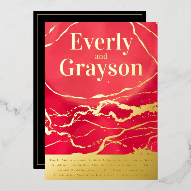 Red and Gold Galaxy Marble Gold Wedding Foil Invitation (Front/Back)