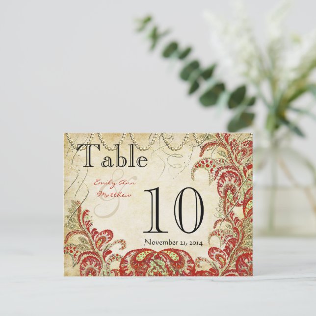 Red and Gold Gatsby Paisley Peacock Table Number (Standing Front)