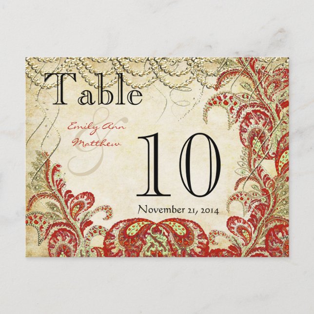 Red and Gold Gatsby Paisley Peacock Table Number (Front)