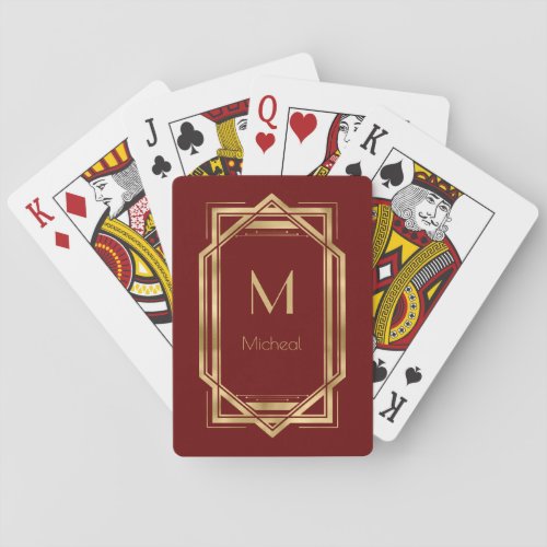 Red and Gold Geometric  Monogram  Name   Poker Cards