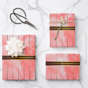 Red And Gold Geometric Stripes Pink Marble Wrapping Paper Sheets