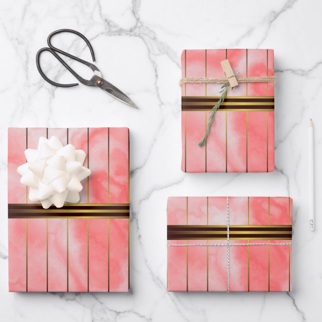 Red And Gold Geometric Stripes Pink Marble Wrapping Paper Sheets (Front)