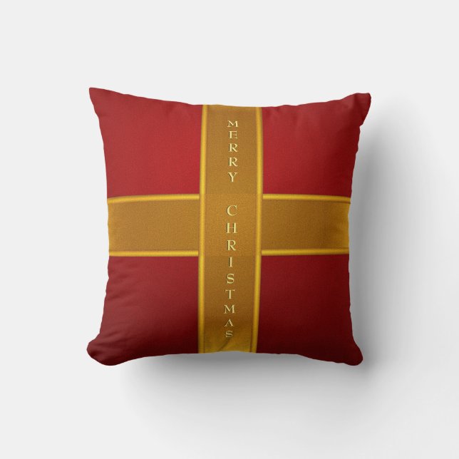 Red and Gold Gift Wrapped Merry Christmas Design Throw Pillow (Front)
