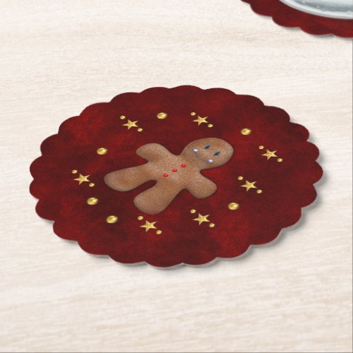Red and Gold Gingerbread Man Cute Christmas Paper Coaster