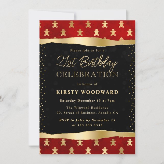 Red and Gold Gingerbread Men 21st Birthday Invitation (Front)