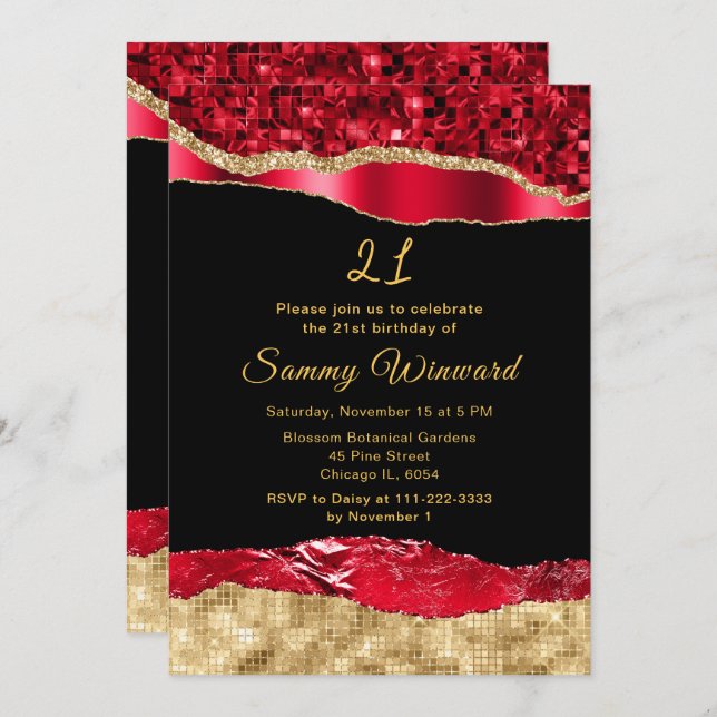 Red and Gold Glam Tears Birthday Party Invitation (Front/Back)