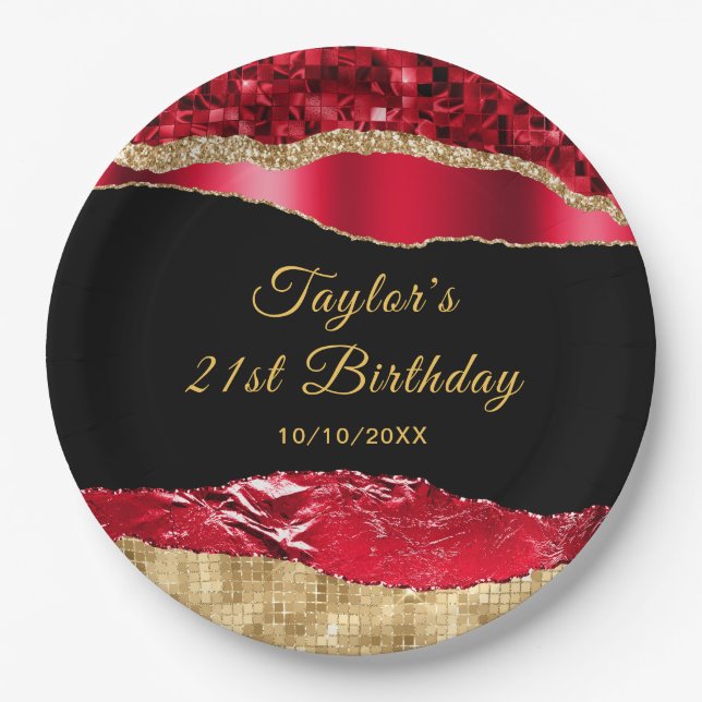 Red and Gold Glam Tears Birthday Party Paper Plates (Front)