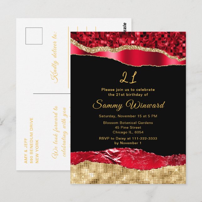 Red and Gold Glam Tears Birthday Party Postcard (Front/Back)