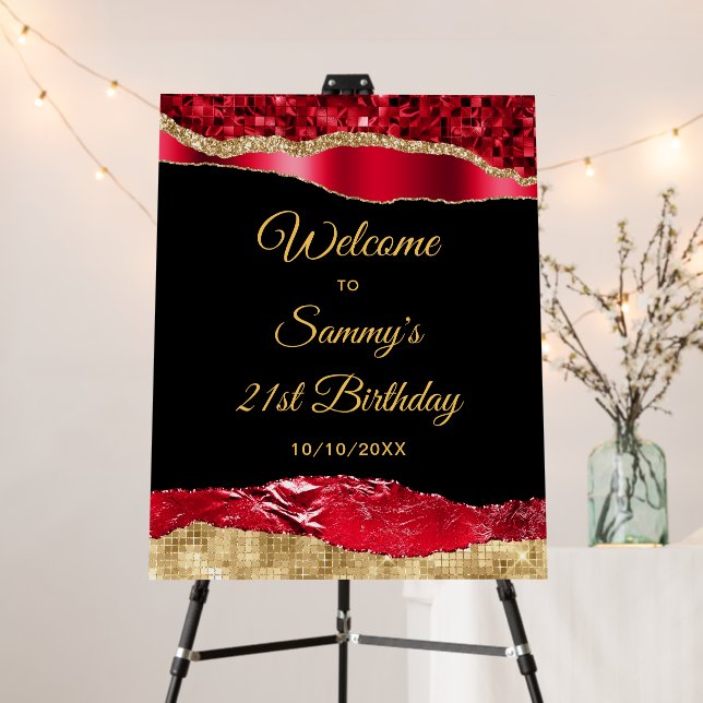 Red and Gold Glam Tears Birthday Welcome Foam Board (In Situ (Stand))
