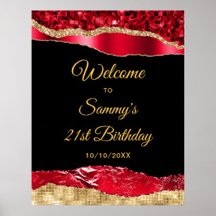 Red and Gold Glam Tears Birthday Welcome Poster