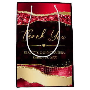 Red and Gold Glam Tears Bokeh Quinceanera Medium Gift Bag