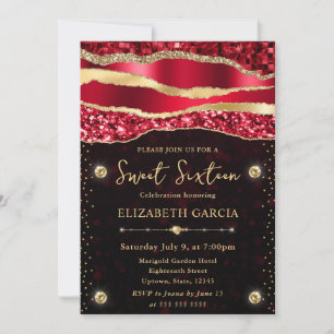 Red and Gold Glam Tears Bokeh Sweet Sixteen Invitation