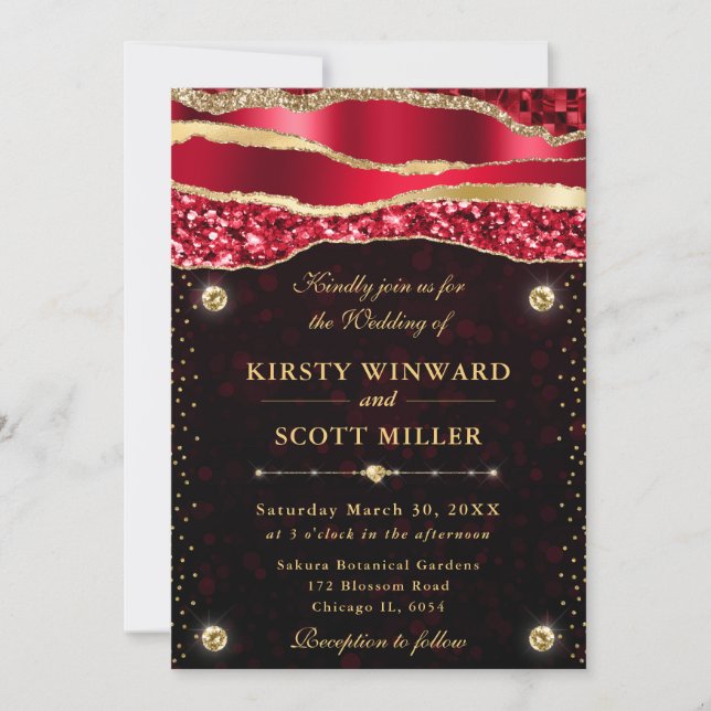 Red and Gold Glam Tears Bokeh Wedding Invitation (Front)