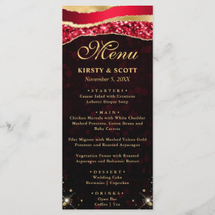 Red and Gold Glam Tears Bokeh Wedding Menu