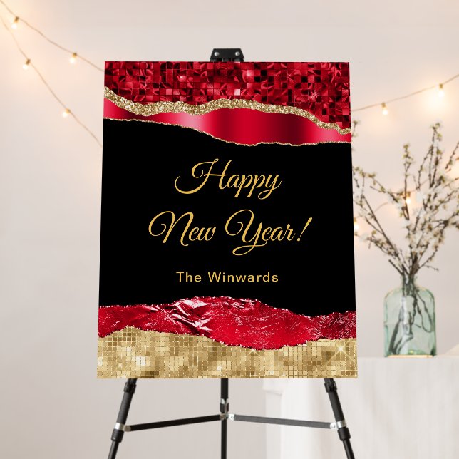 Red and Gold Glam Tears Happy New Year Foam Board (In Situ (Stand))