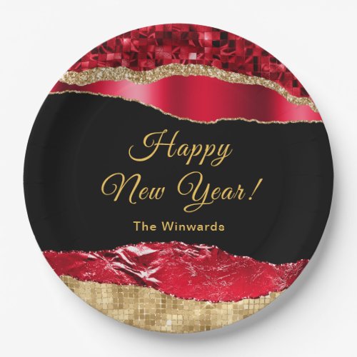 Red and Gold Glam Tears Happy New Year Paper Plates