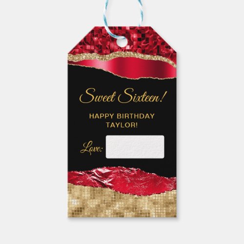 Red and Gold Glam Tears Sweet Sixteen Gift Tags