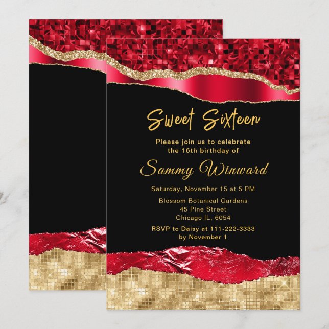 Red and Gold Glam Tears Sweet Sixteen Invitation (Front/Back)