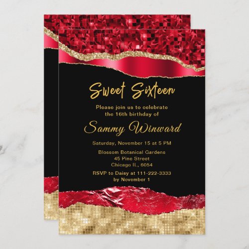 Red and Gold Glam Tears Sweet Sixteen Invitation