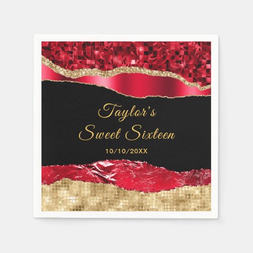 Red and Gold Glam Tears Sweet Sixteen Napkins