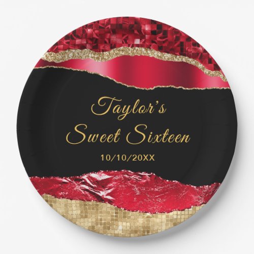 Red and Gold Glam Tears Sweet Sixteen Paper Plates