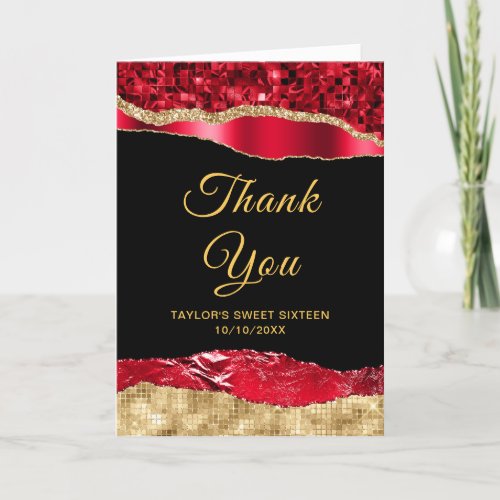 Red and Gold Glam Tears Sweet Sixteen Thank You Card