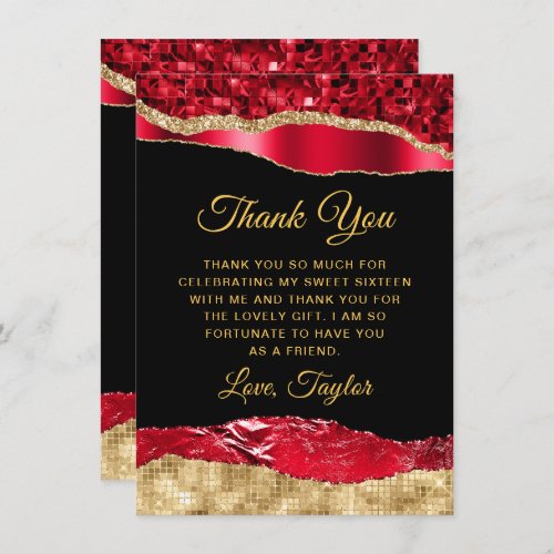 Red and Gold Glam Tears Sweet Sixteen Thank You Card