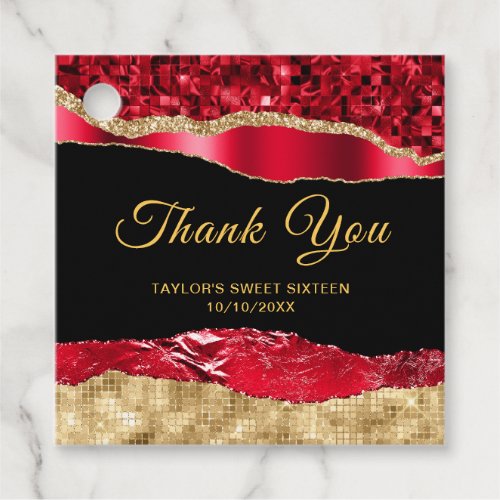 Red and Gold Glam Tears Sweet Sixteen Thank You Favor Tags