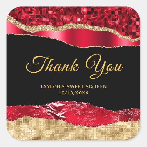 Red and Gold Glam Tears Sweet Sixteen Thank You Square Sticker