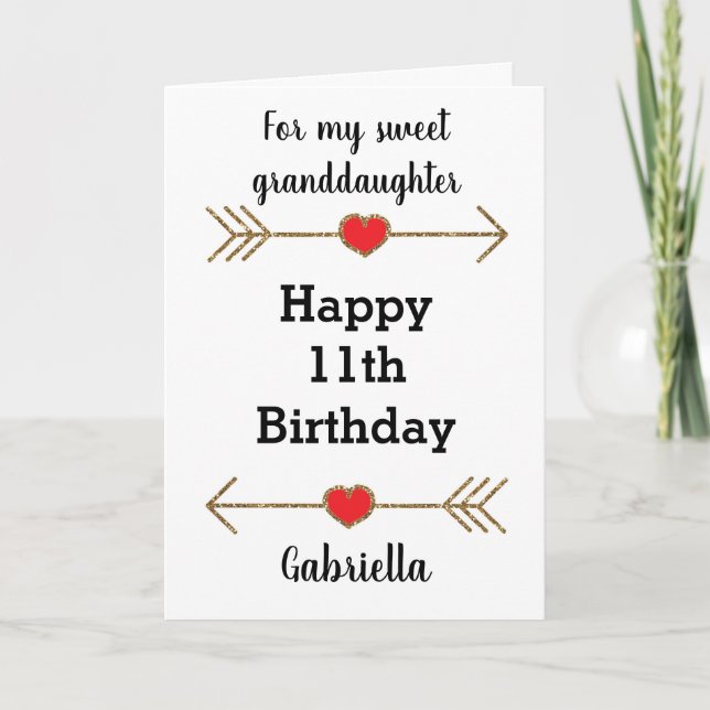 Red and Gold Glitter 11th Birthday Granddaughter Card (Front)