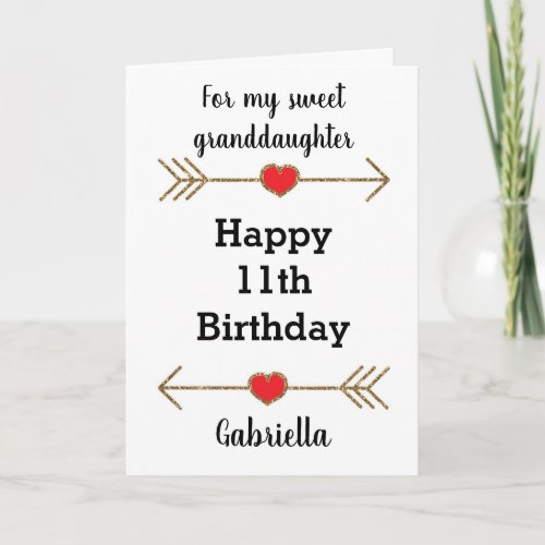 Red and Gold Glitter 11th Birthday Granddaughter Card