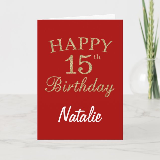 Red and Gold Glitter 15th Birthday Card (Front)