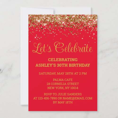 Red and Gold Glitter 30th Birthday Lets Celebrate Invitation