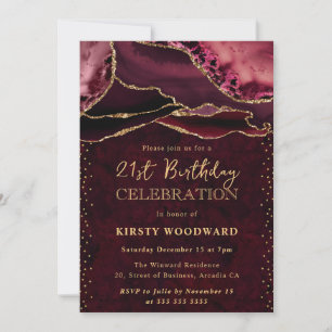 Red and Gold Glitter Agate 21st Birthday Invitation