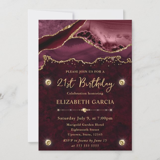 Red and Gold Glitter Agate 21st Birthday Invitation (Front)