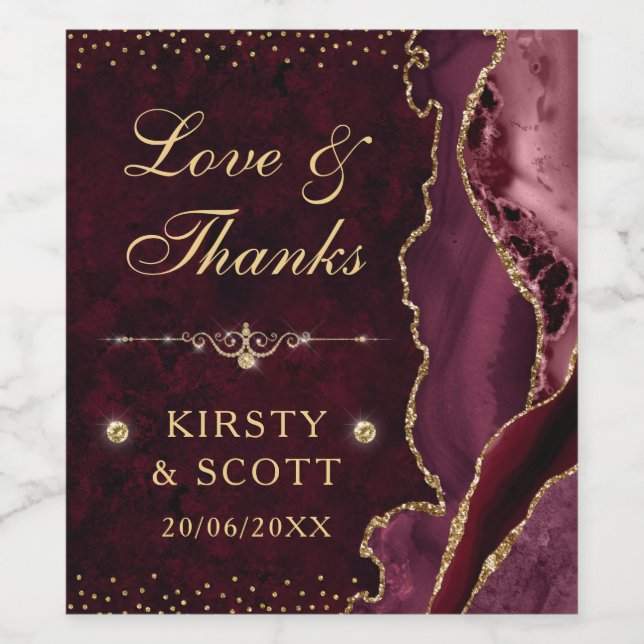 Red and Gold Glitter Agate and marble Wedding Wine Label (Single Label)