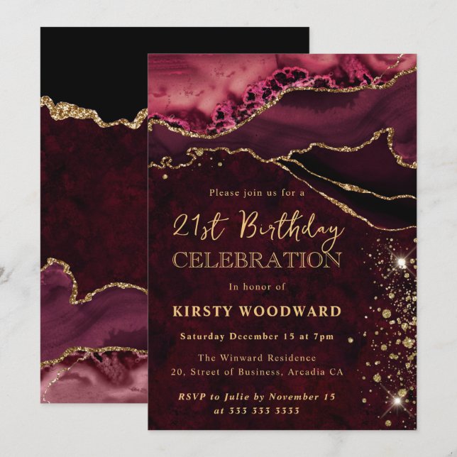 Red and Gold Glitter Agate Birthday Invitation (Front/Back)