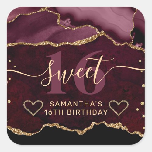 Red and Gold Glitter Agate Marble Sweet 16  Square Sticker