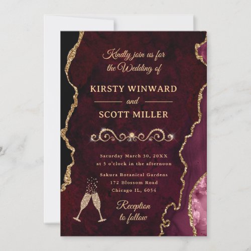 Red and Gold Glitter Agate  Marble Wedding Invitation