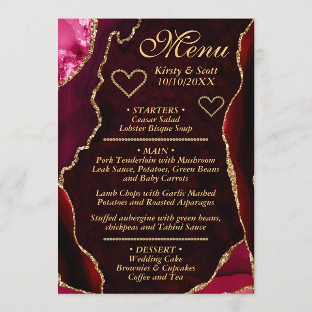 Red and Gold Glitter Agate Marble Wedding Menu (Front)