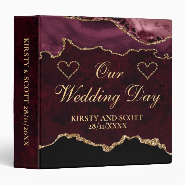 Red and Gold Glitter Agate Wedding Photo Album 3 Ring Binder (Front/Spine)