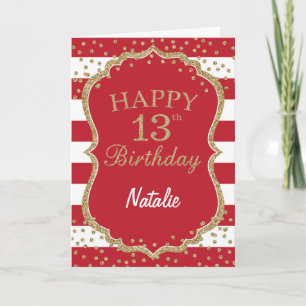 Red and Gold Glitter confetti 13th Birthday Card