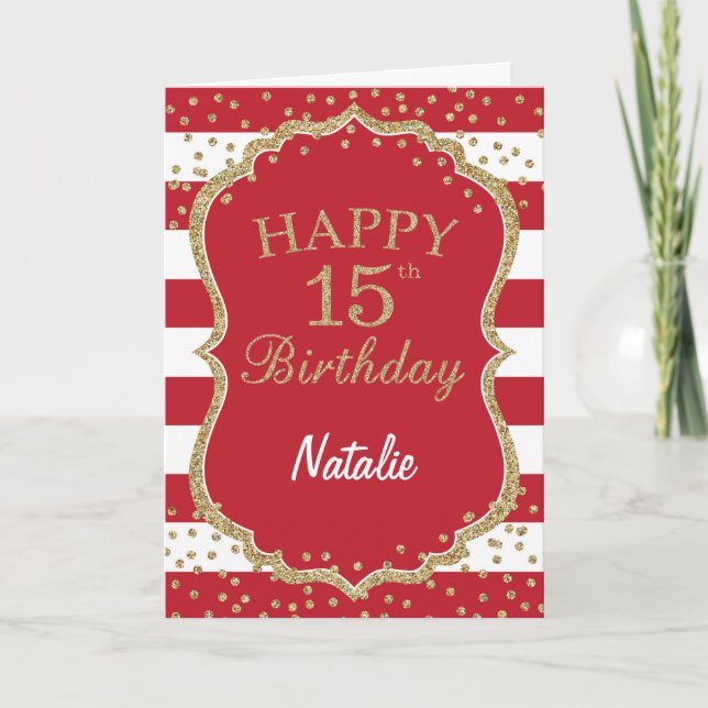 Red and Gold Glitter Confetti 15th Birthday Card (Front)