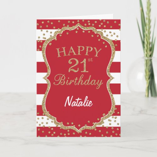 Red and Gold Glitter Confetti 21st Birthday Card