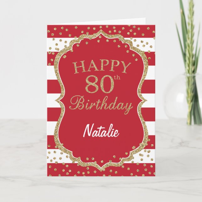Red and Gold Glitter Confetti 80th Birthday Card (Front)