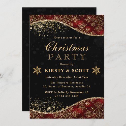 Red and Gold Glitter Damask Christmas Party Invitation