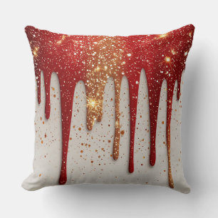 Red and Gold Glitter Dripping Throw Pillow