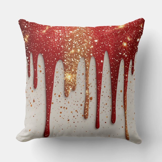 Red and Gold Glitter Dripping Throw Pillow (Front)