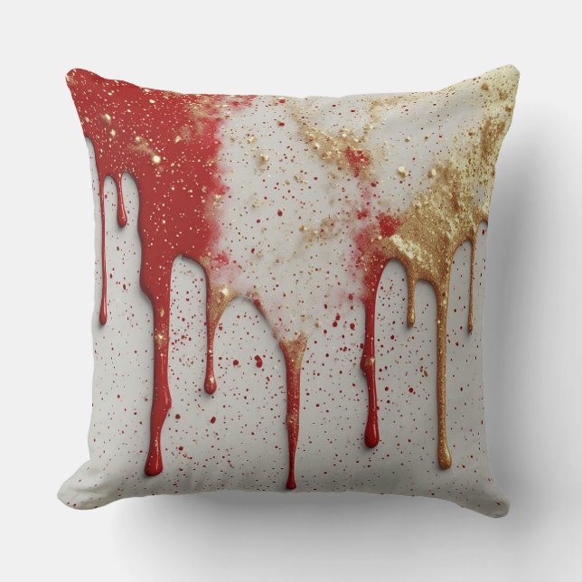 Red and Gold Glitter Dripping Throw Pillow (Front)