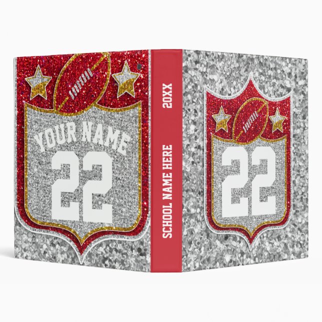 Red and Gold Glitter Football Jersey Number Name 3 Ring Binder (Background)
